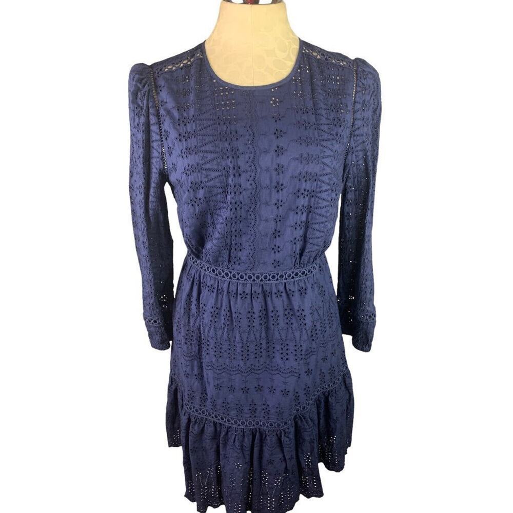 4 J.Crew Navy Blue Eyelet Flutter Hem Dress Long Sleeve H5957